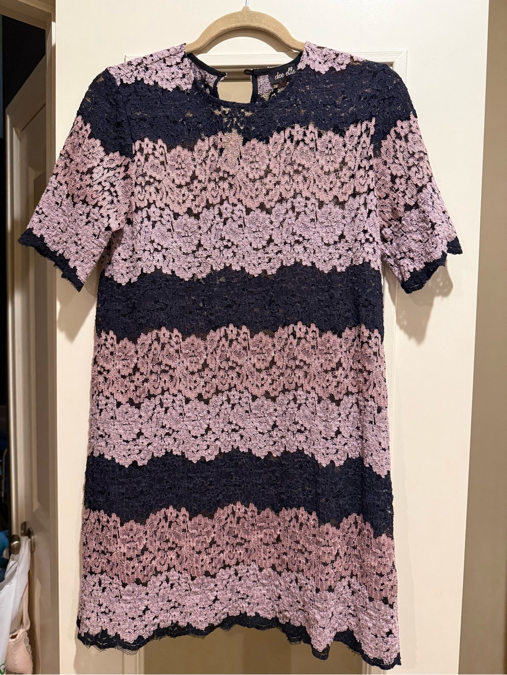 dee elle Pink and Navy Lace Striped Mini Dress